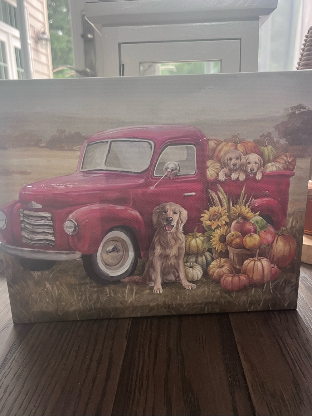 Fall Red Truck with Dogs and Pumpkins Small Canvas Wall Art